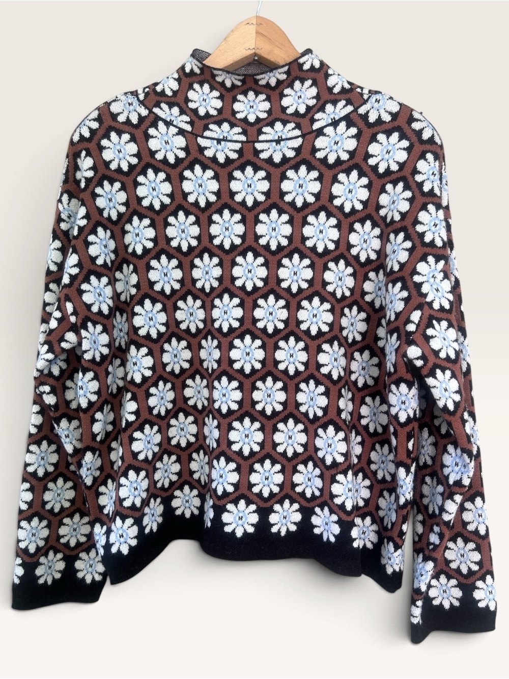 Rain + Rose Floral Mosaic Brown and White Women's Sweater - Mock Neck Size M